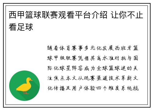西甲篮球联赛观看平台介绍 让你不止看足球