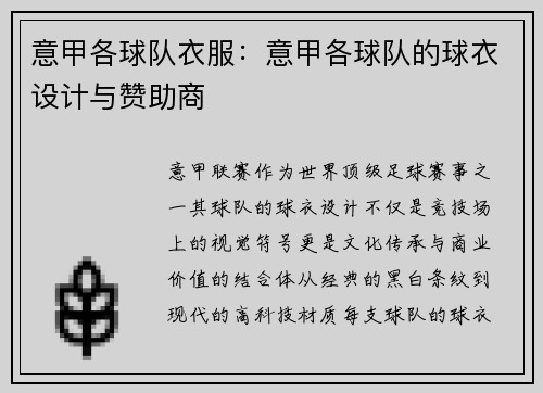 意甲各球队衣服：意甲各球队的球衣设计与赞助商